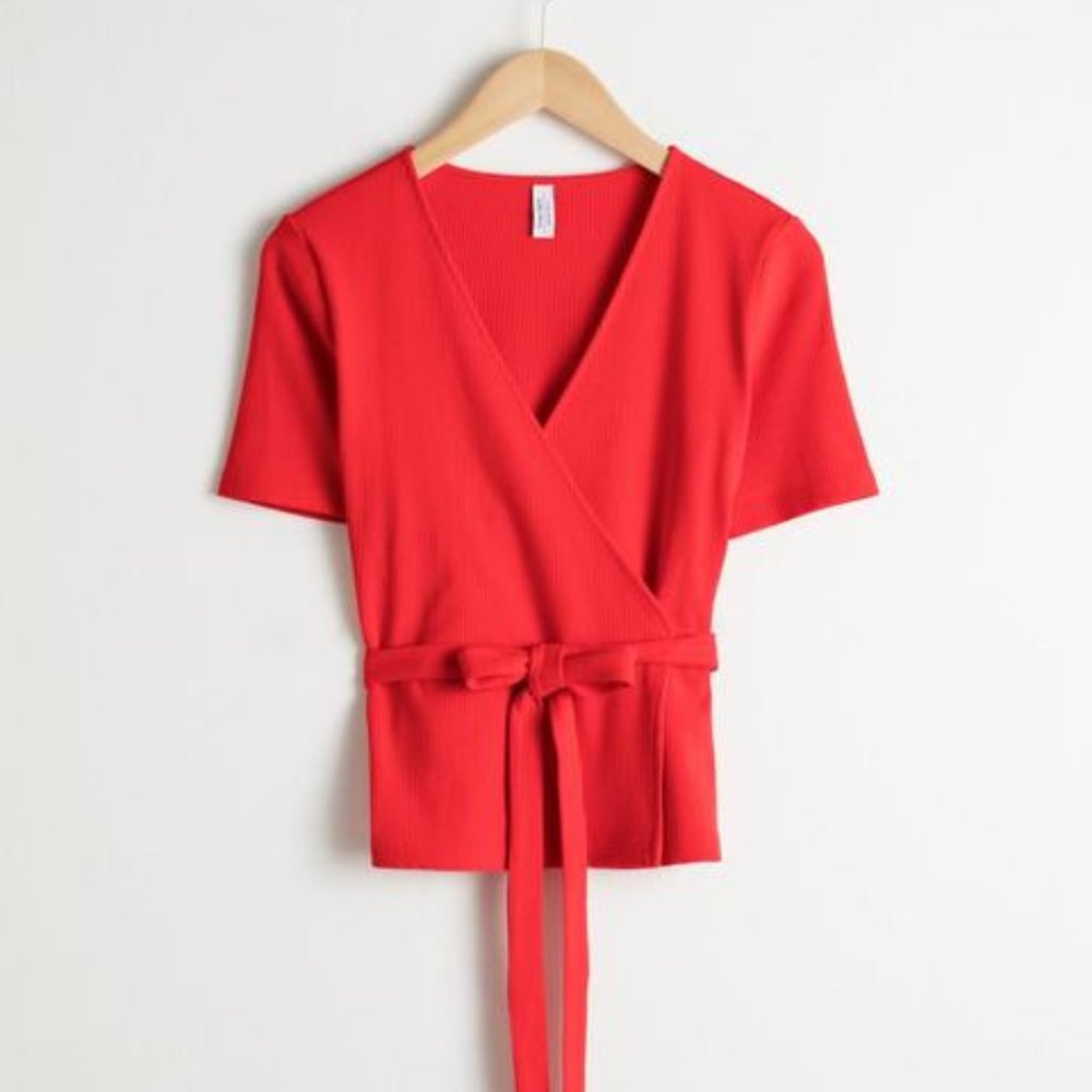 & Other Stories Red Ribbed Wrap Top